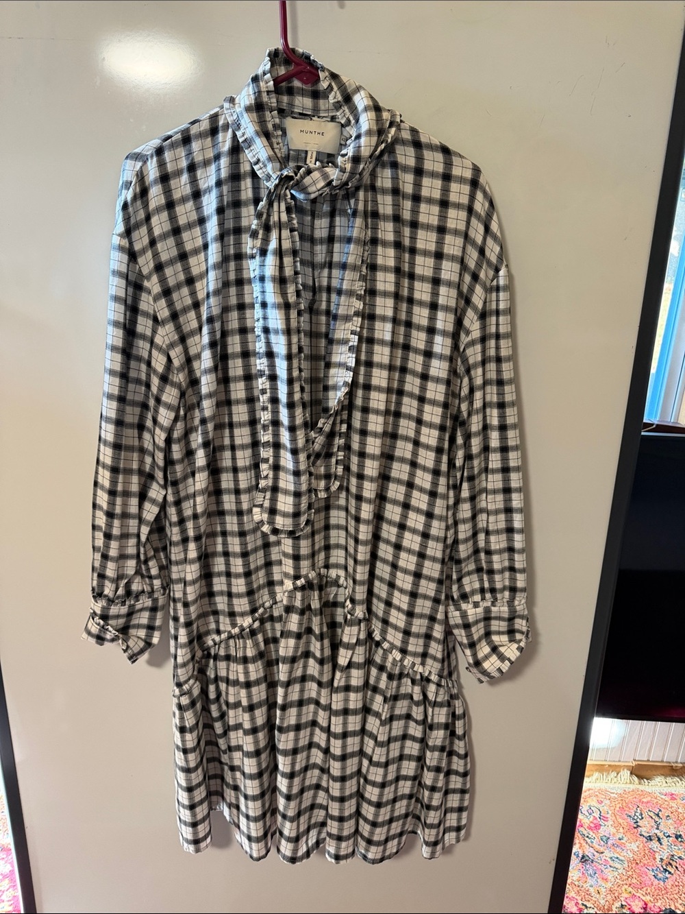 MUNTHE Black & White Plaid Long-Sleeve Tiered Dress